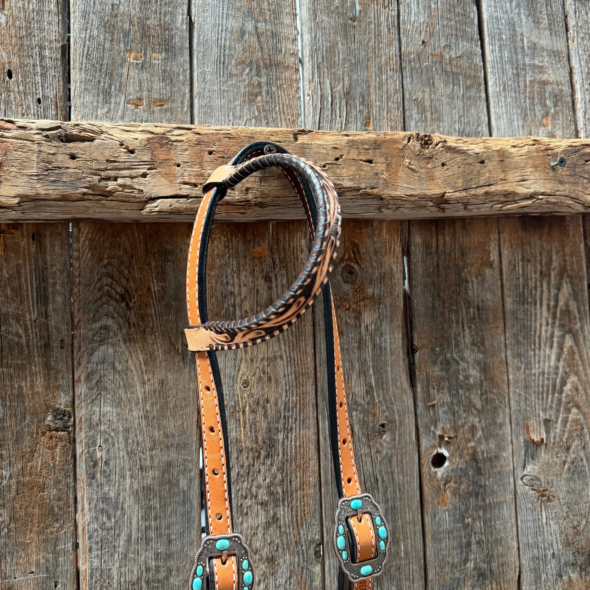 Light Oil Floral Whipstitch and Turquoise Browband/ One Ear Triangle / Gladiator Breastcollar Tack Set 