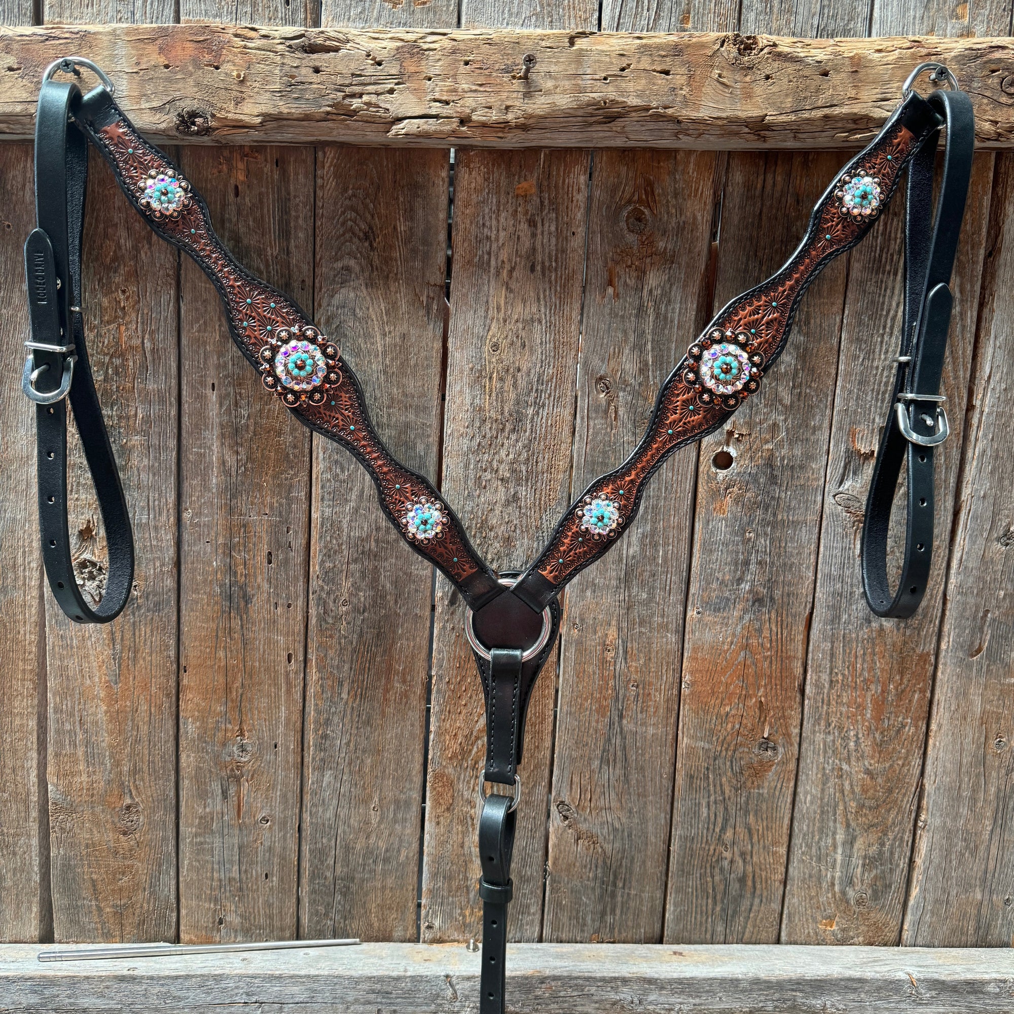 Teal Diamond Topaz and Turquoise Browband / One Ear - Breastcollar Tack Set 