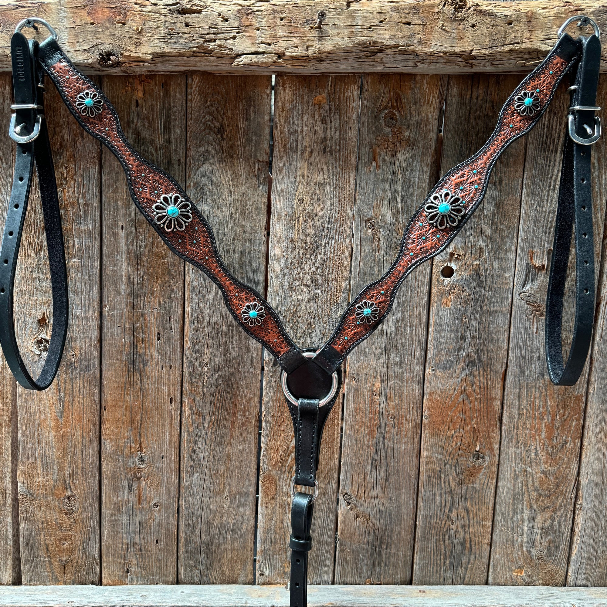 Teal Diamond and Turquoise Flower Browband / One Ear - Breastcollar Tack Set 