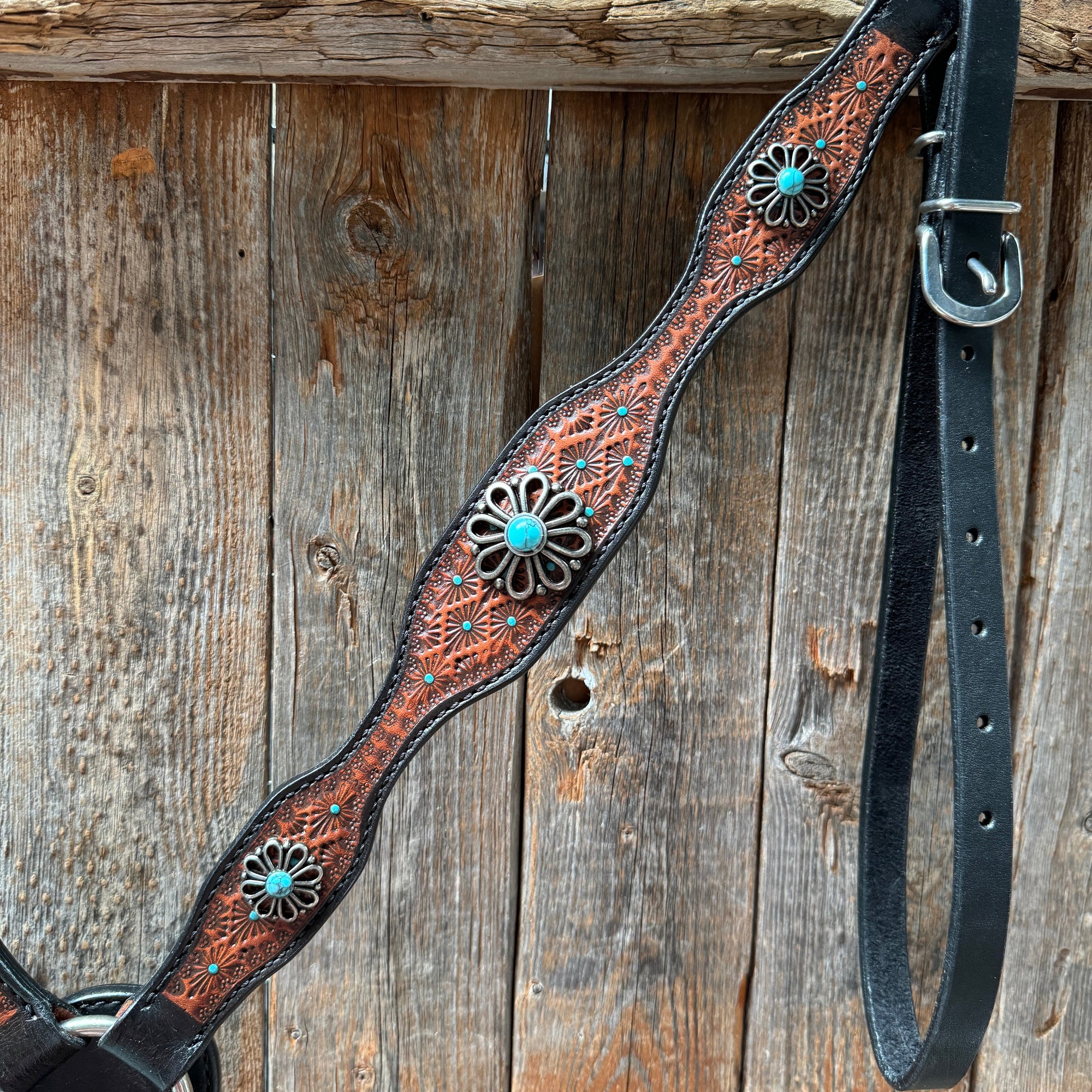 Teal Diamond and Turquoise Flower Browband / One Ear - Breastcollar Tack Set 