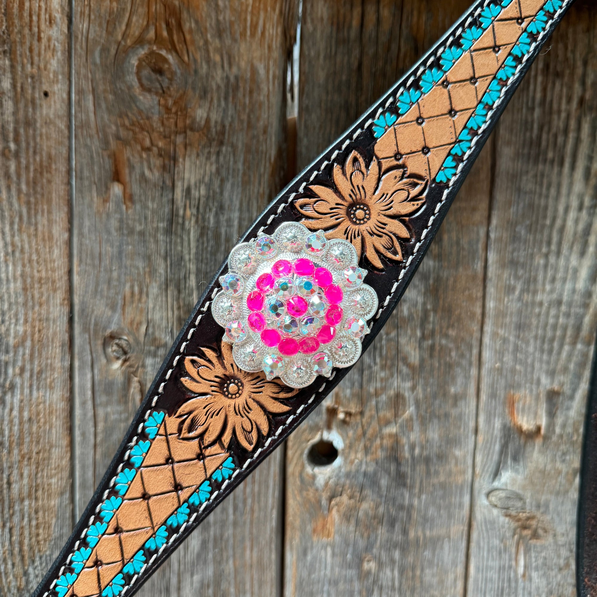 Multi Flower Hot Pink Browband / One Ear - Breastcollar Tack Set 