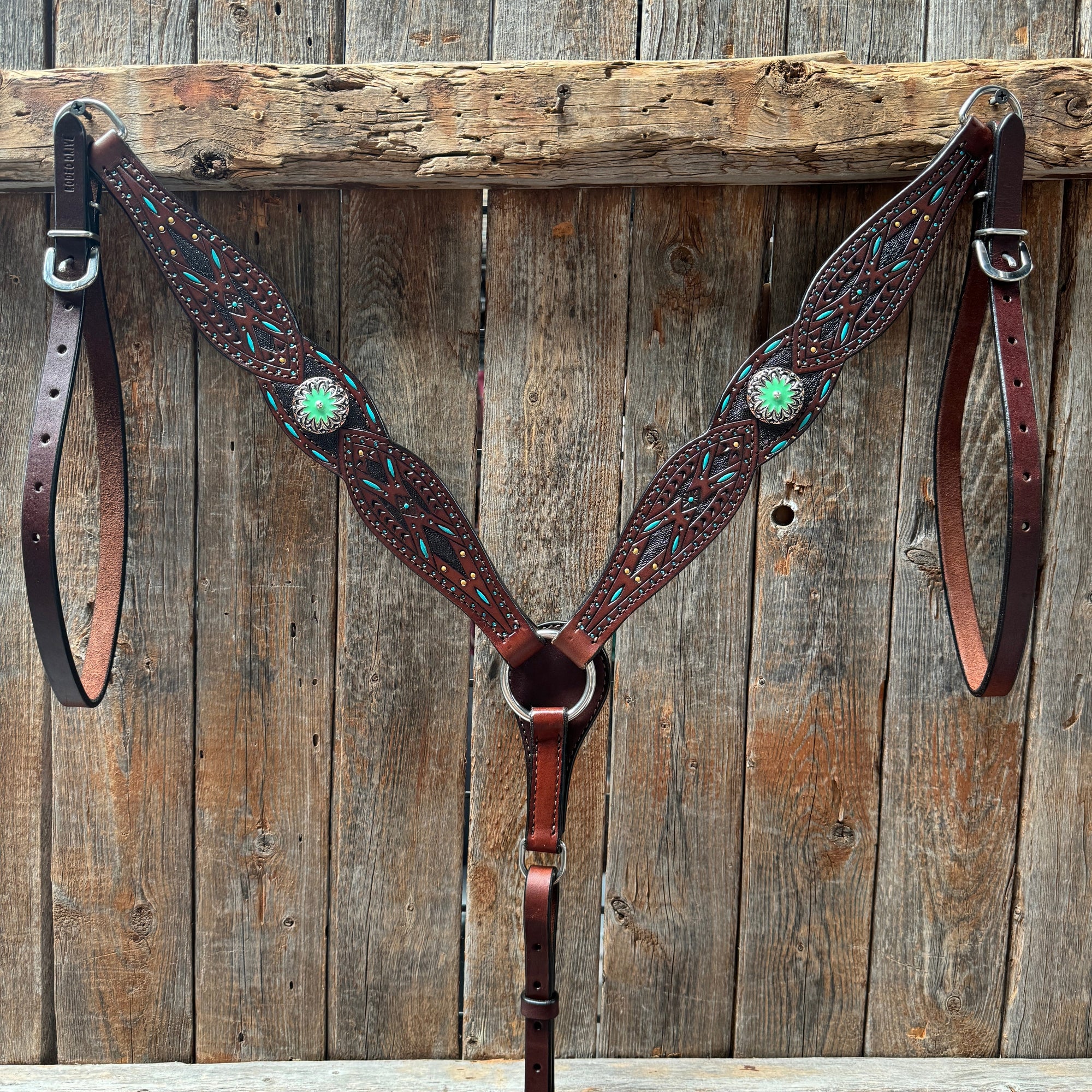 Dark Oil Hand Painted Antique Silver Turquoise Browband/One Ear and  Breastcollar Tack Set 