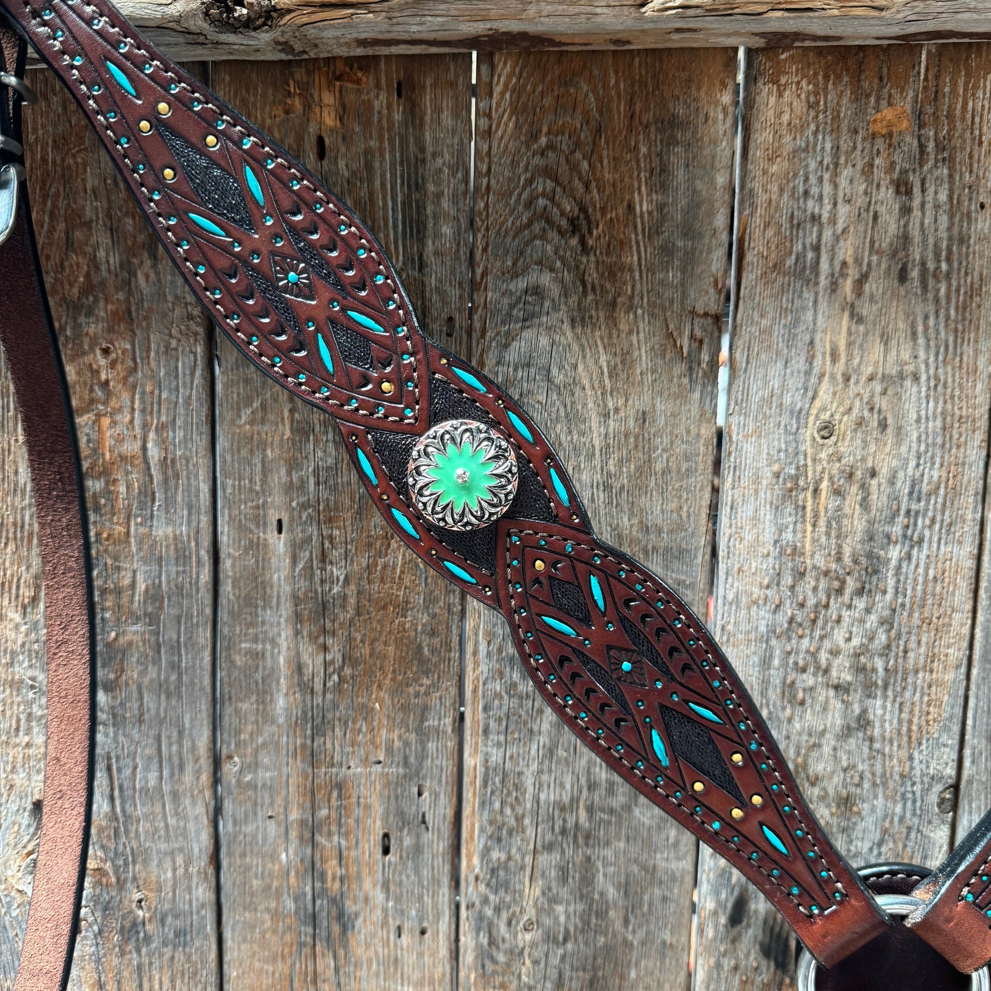 Dark Oil Hand Painted Antique Silver Turquoise Browband/One Ear and  Breastcollar Tack Set 