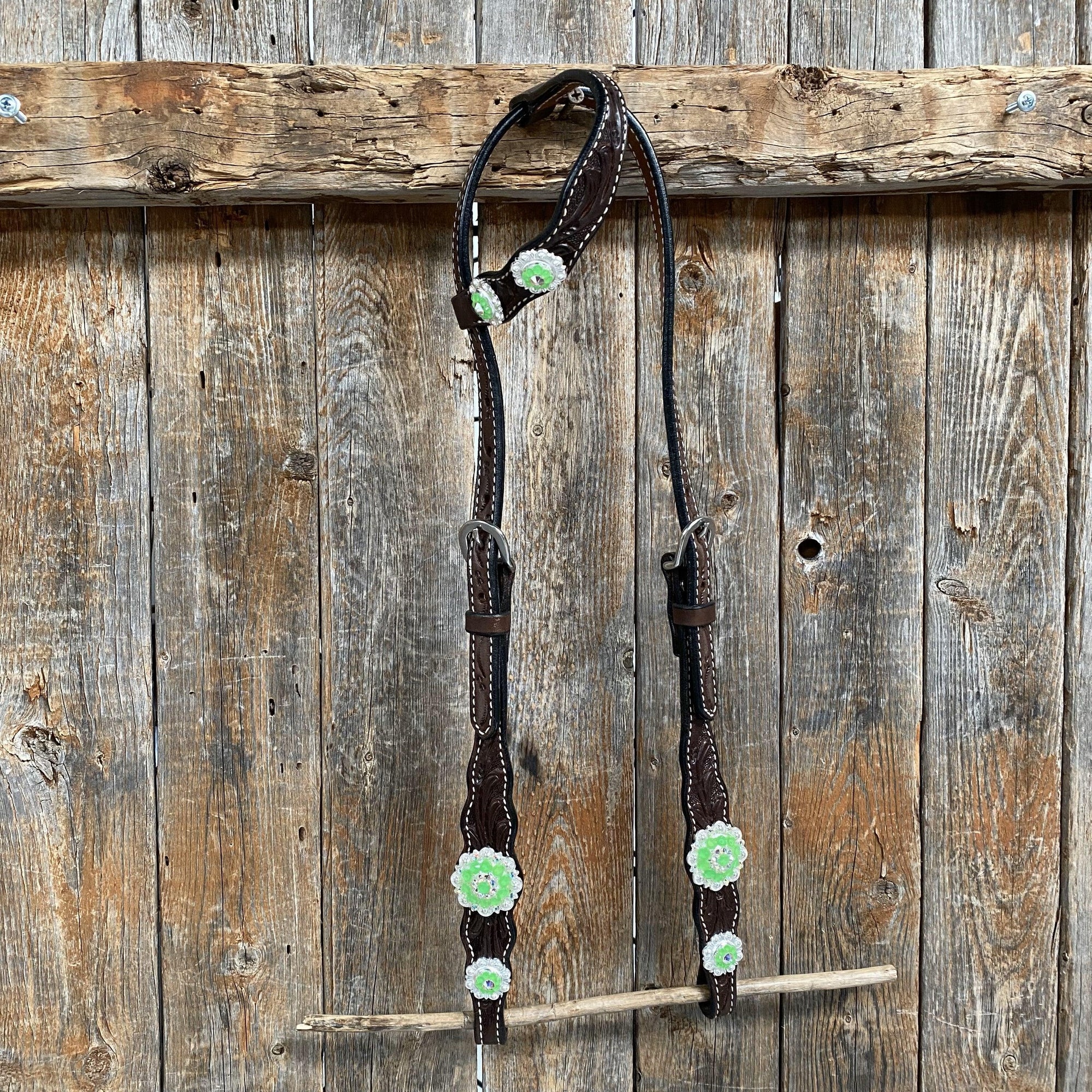 Dark Oil Floral Neon Green Browband / One Ear Tack Set 