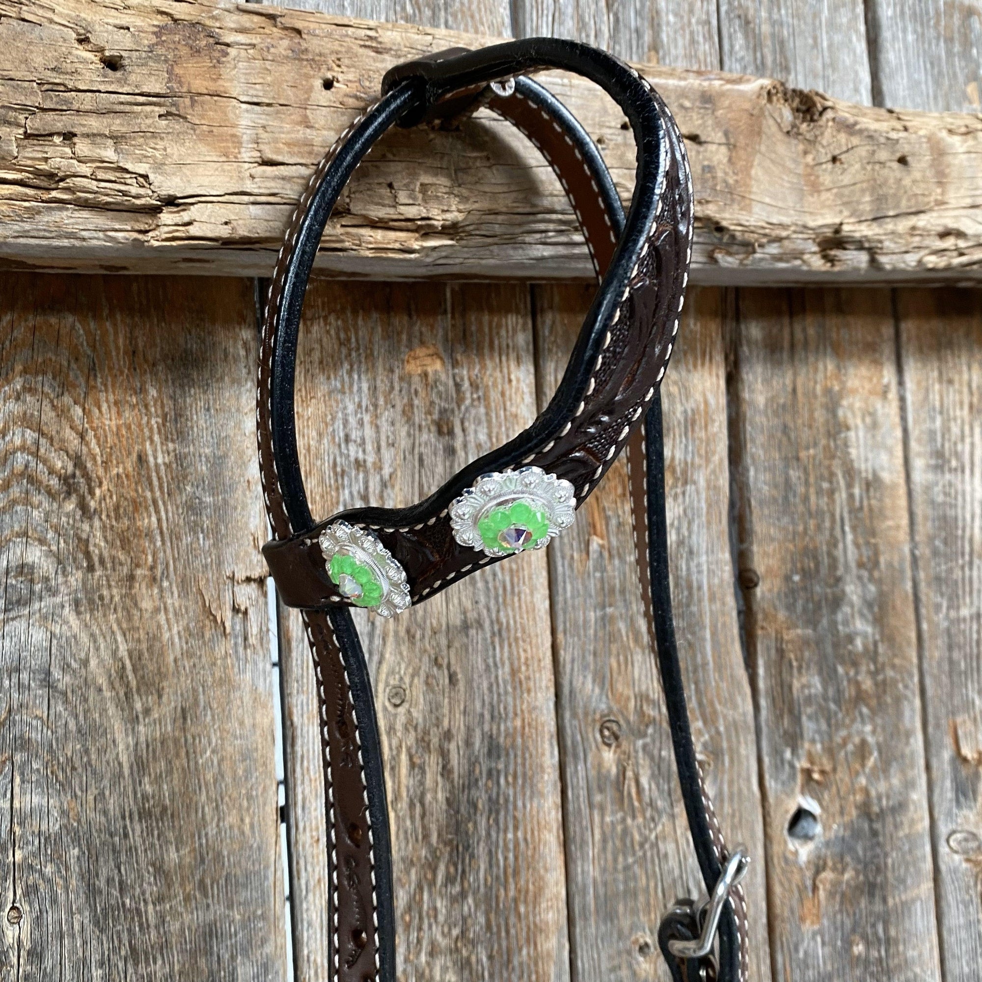 Dark Oil Floral Neon Green Browband / One Ear Tack Set 