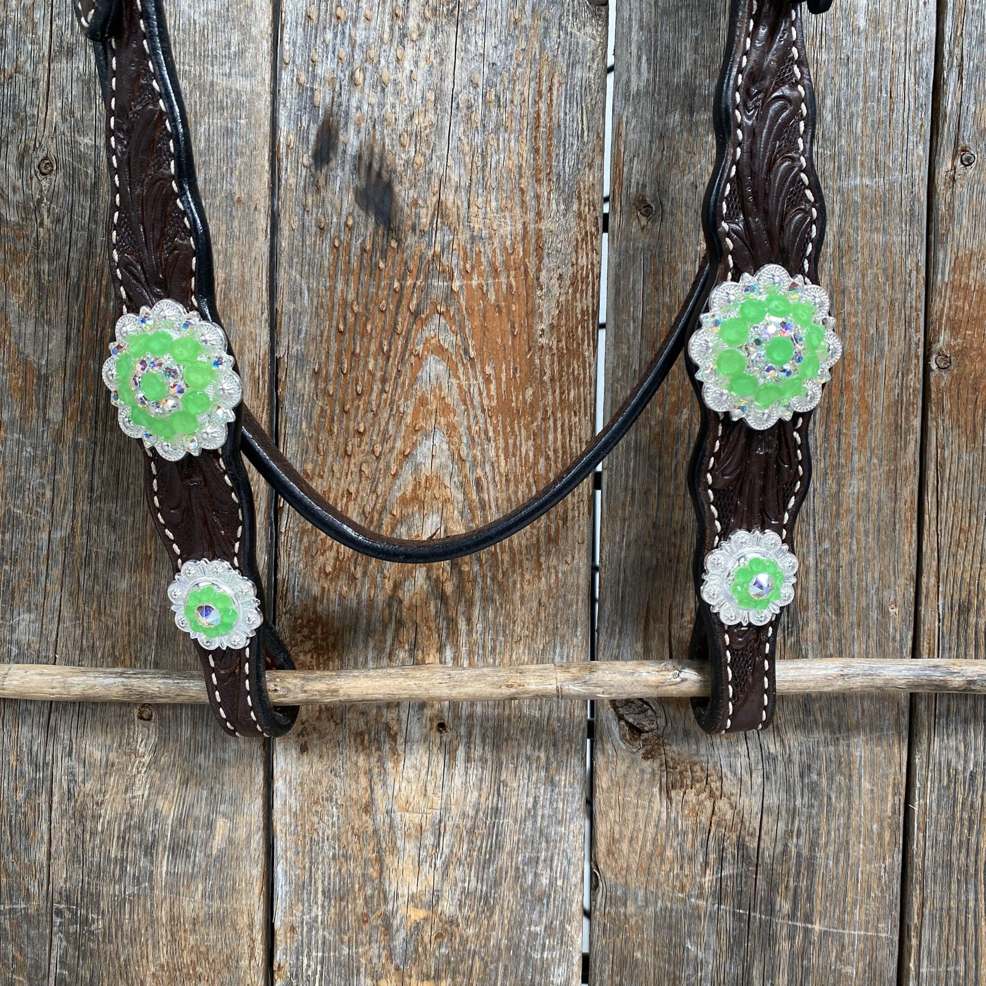 Dark Oil Floral Neon Green Browband / One Ear Tack Set 