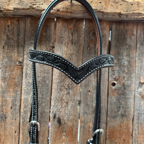 Floral V Browband Black Draft Headstall / Bridle