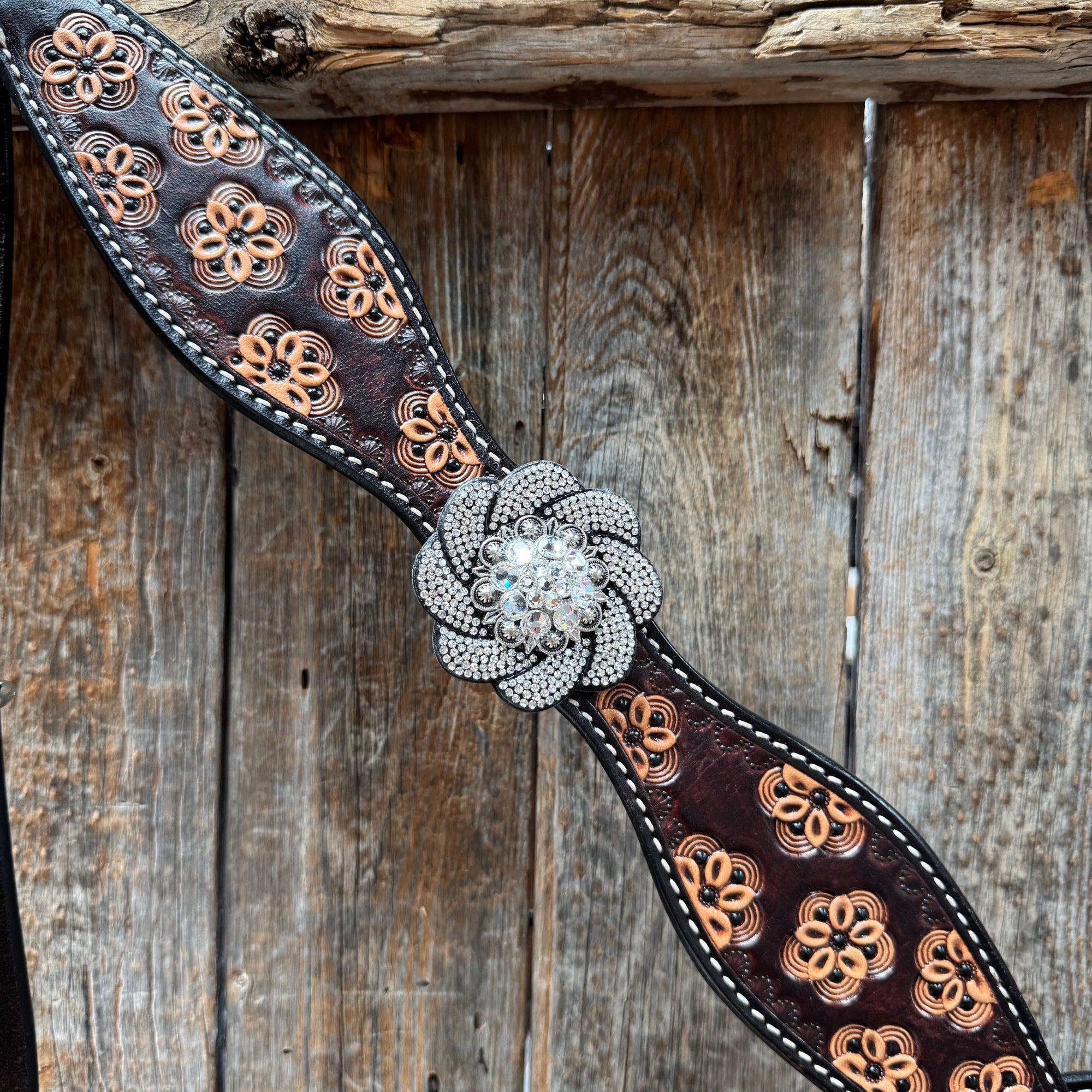 Flower Power Black and Clear One Ear Headstall &amp; Breastcollar Tack Set 