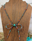 Sterling Silver Pearl “Bow” Necklace – 19” + 2” Extender – 4 mm & 5 mm Pearls with Turquoise & Dyed Coral