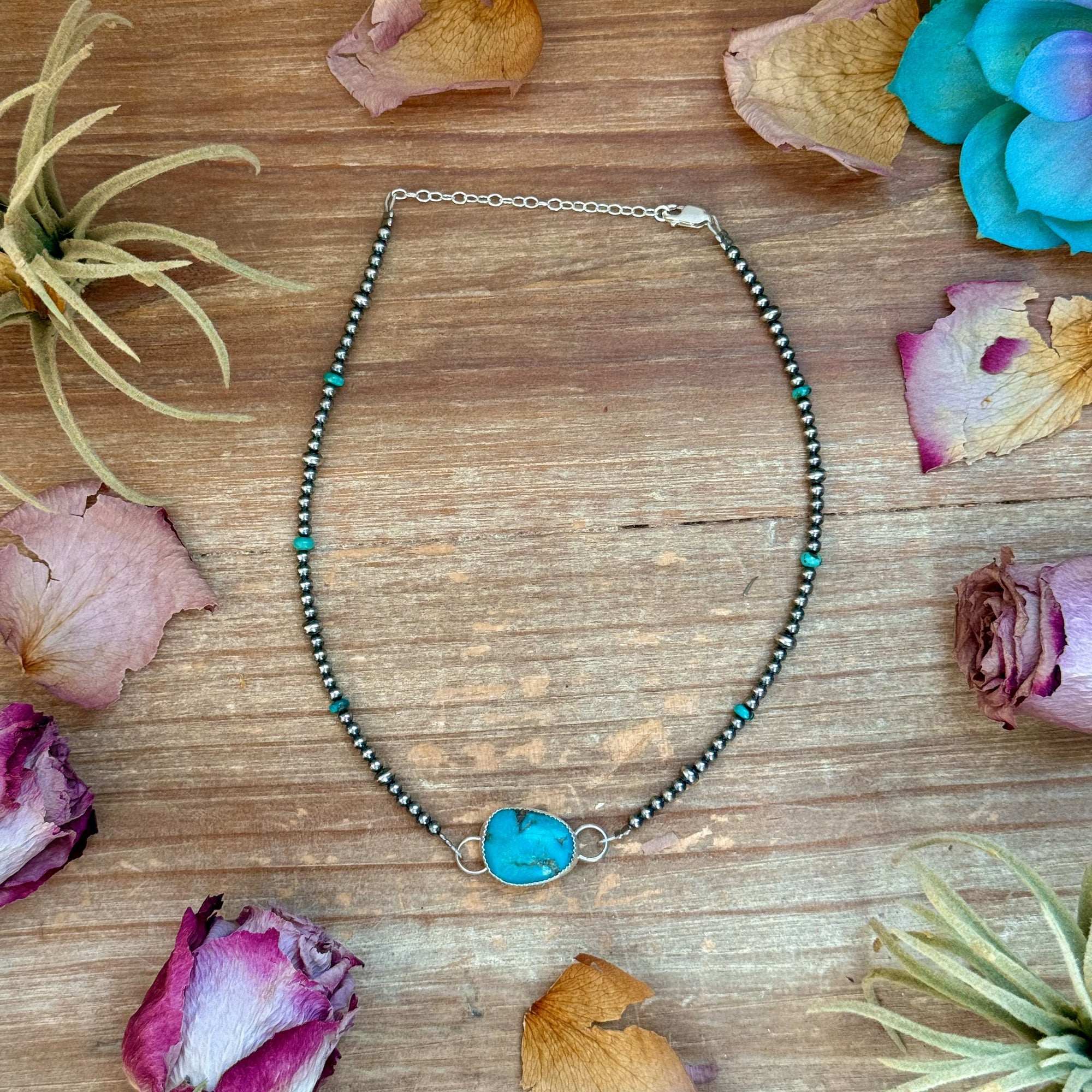 Sterling Silver Pearl &amp; Turquoise Choker – 13” + 2” Extender – In-House Silversmithing – One of a Kind