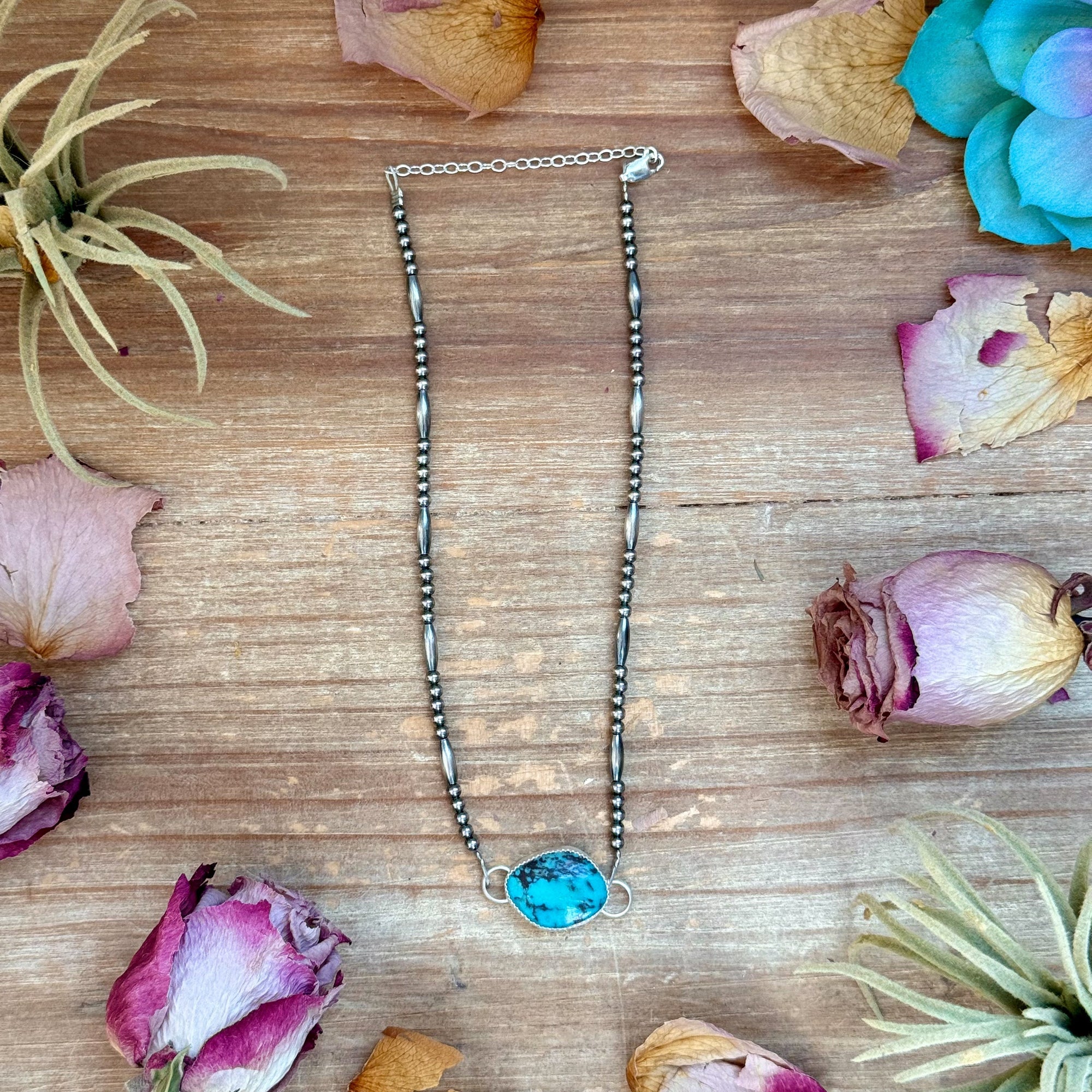 Sterling Silver Pearl &amp; Turquoise Choker – 13” + 2” Extender – In-House Silversmithing – One of a Kind