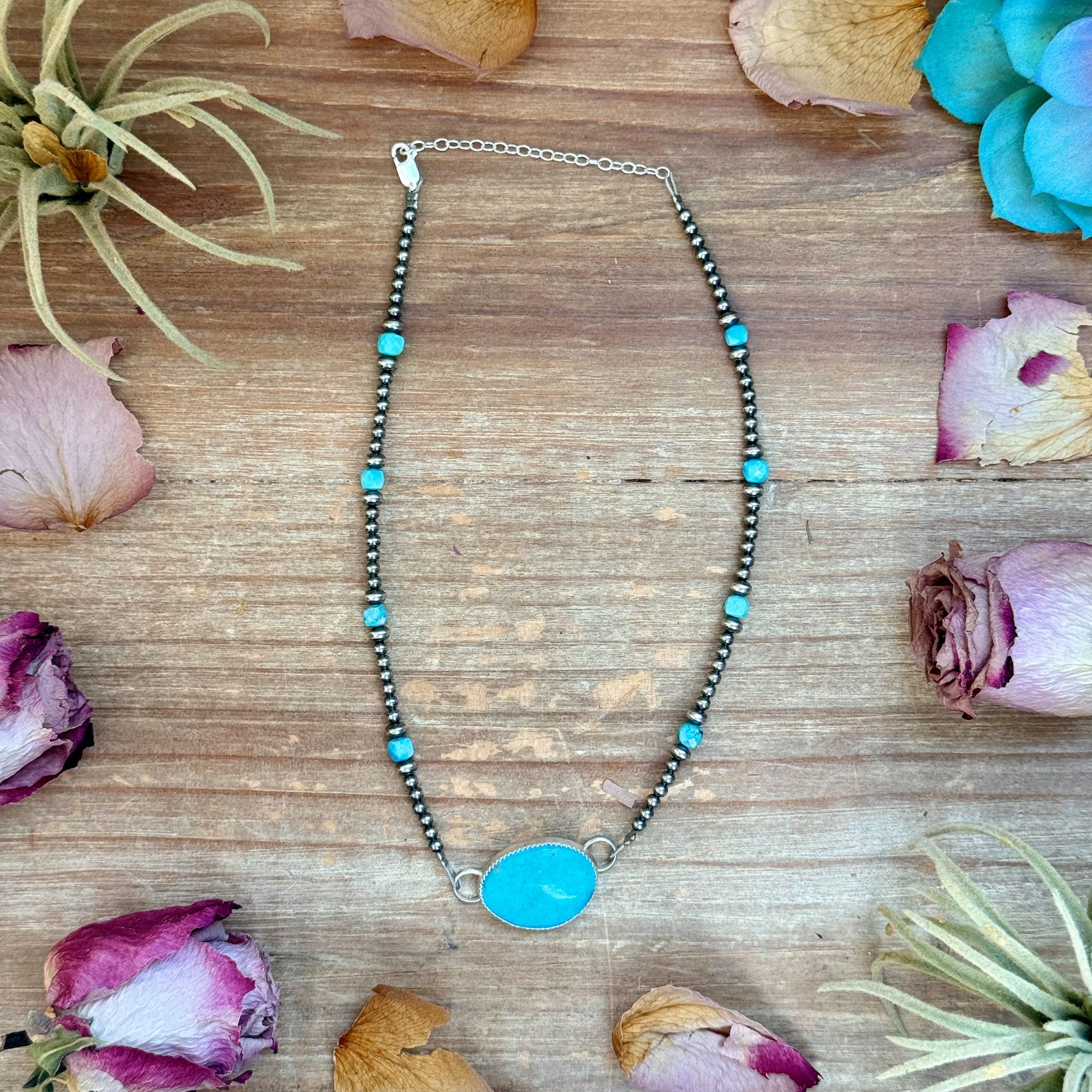 Sterling Silver Pearl &amp; Turquoise Choker – 13” + 2” Extender – In-House Silversmithing – One of a Kind