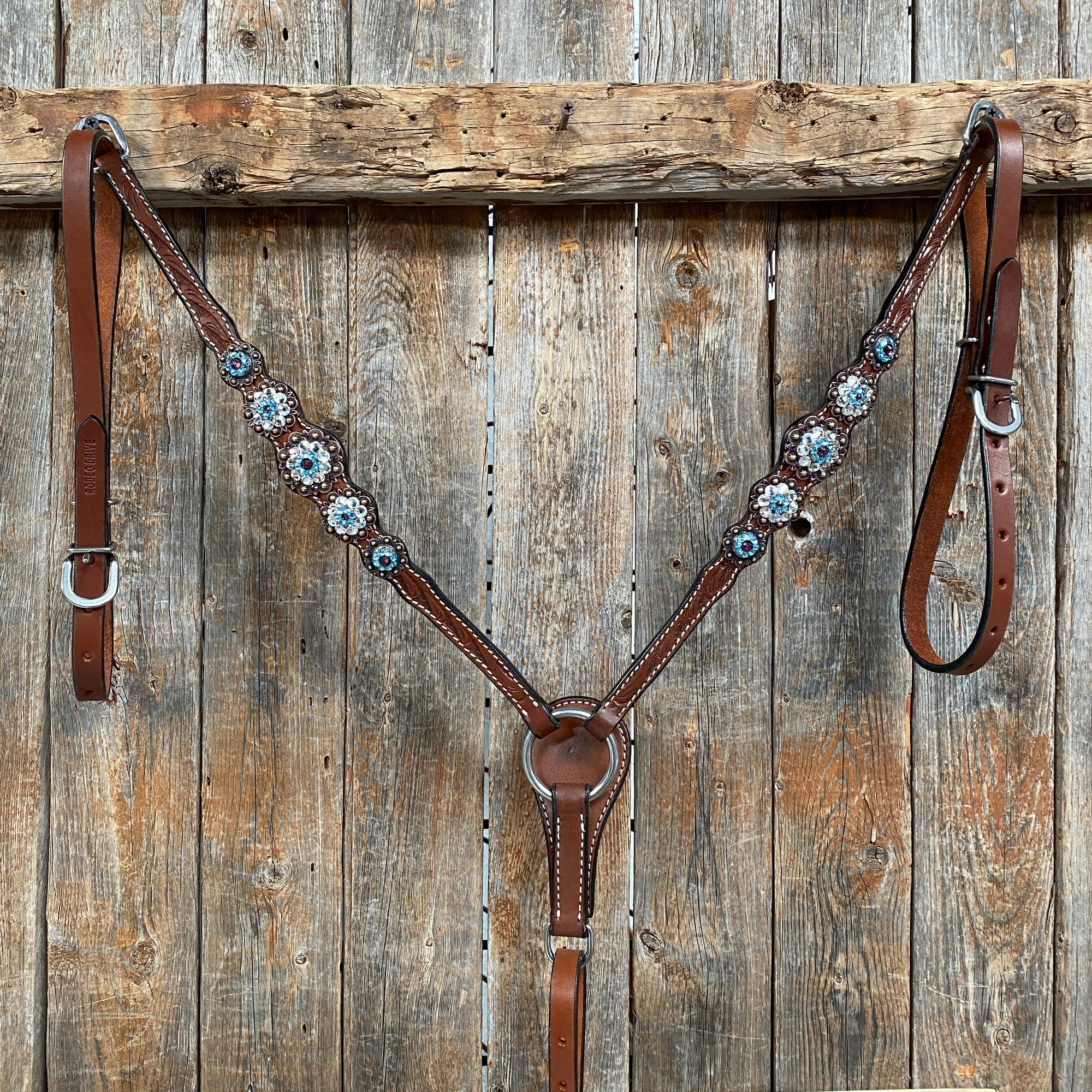 Medium Oil Floral Amethyst - Aqua One Ear- Browband Breastcollar Tack Set 