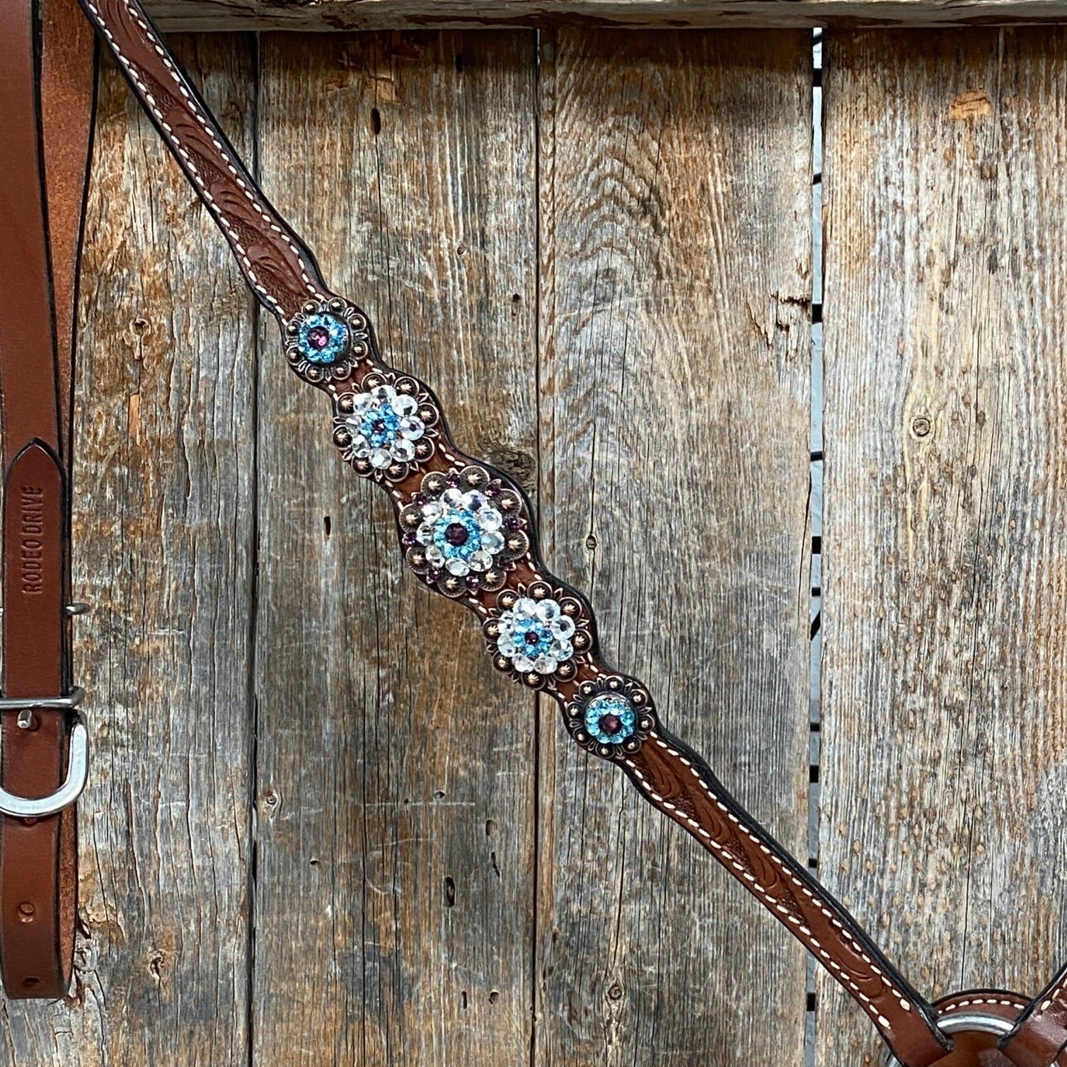 Medium Oil Floral Amethyst - Aqua One Ear- Browband Breastcollar Tack Set 