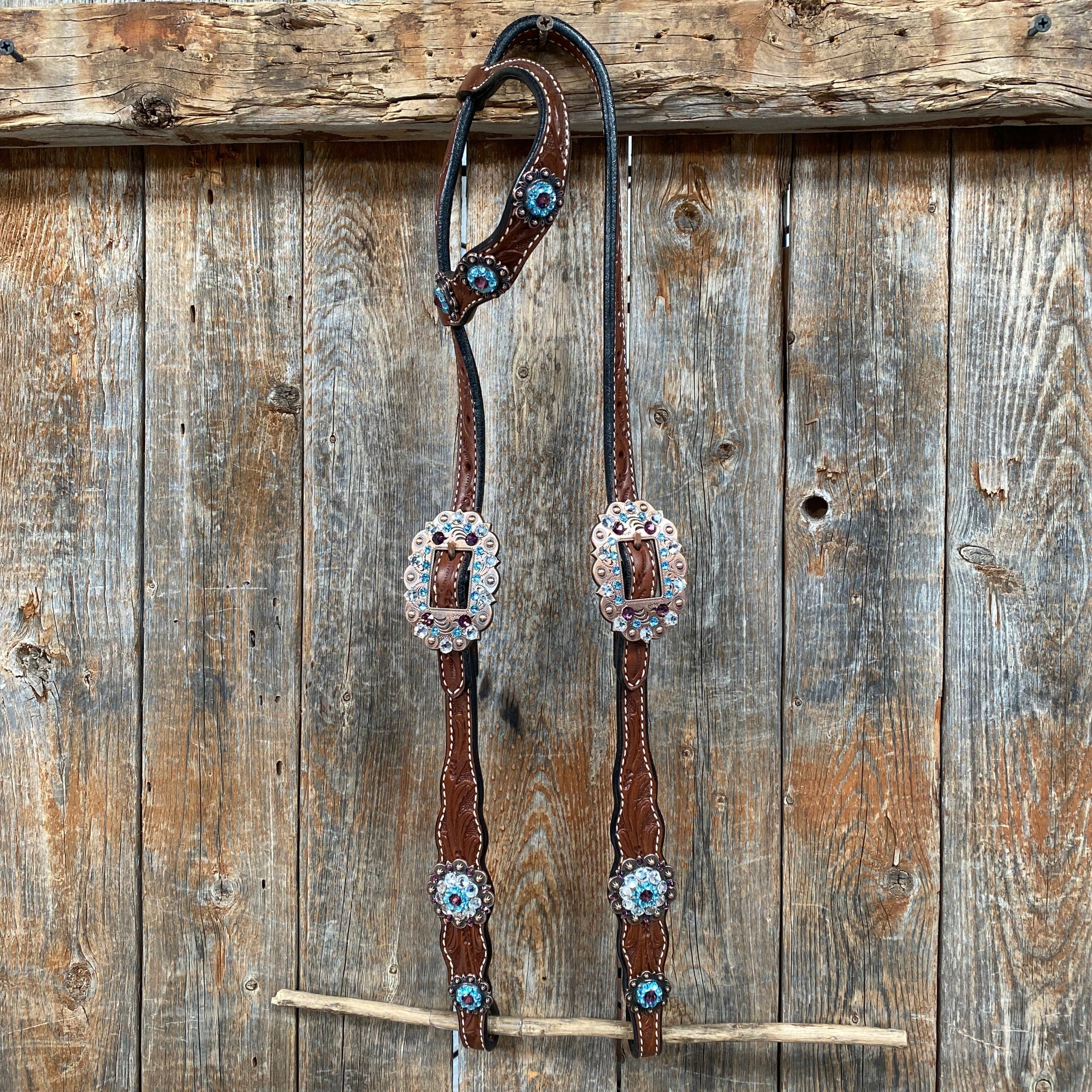 Medium Oil Floral Amethyst - Aqua One Ear- Browband Breastcollar Tack Set 