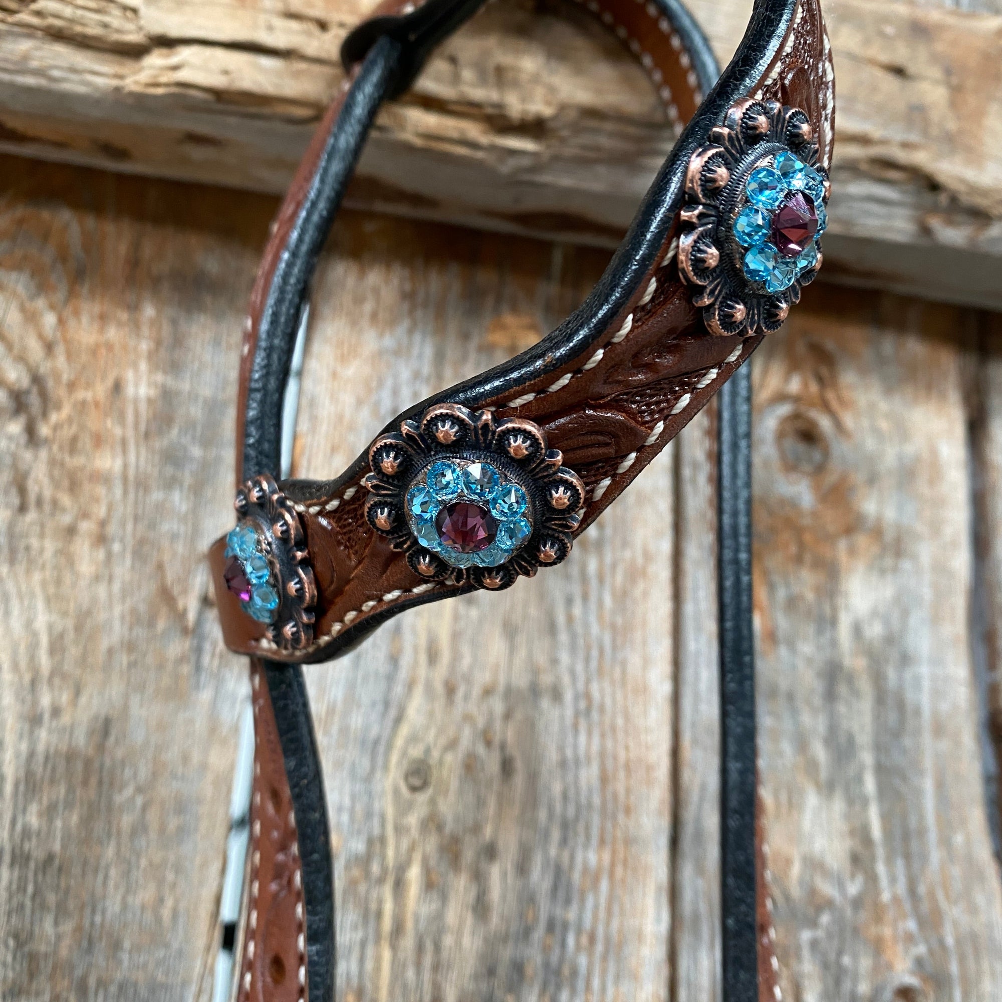 Medium Oil Floral Amethyst - Aqua One Ear- Browband Breastcollar Tack Set 