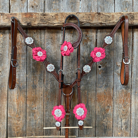 Medium Oil Basketweave Pink & AB One Ear Tack Set