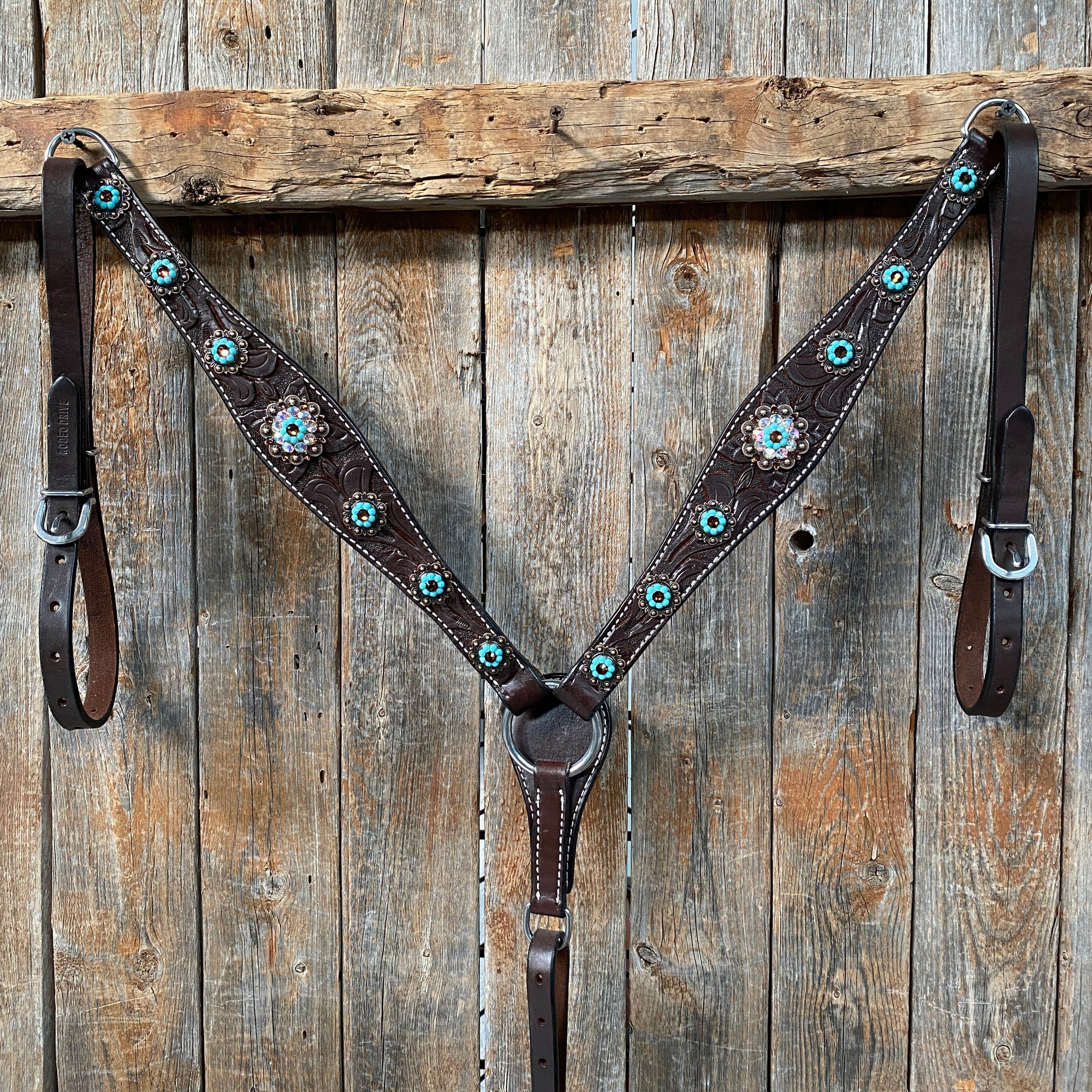 Dark Oil Floral Topaz &amp; Turquoise Browband / Breastcollar Tack Set  