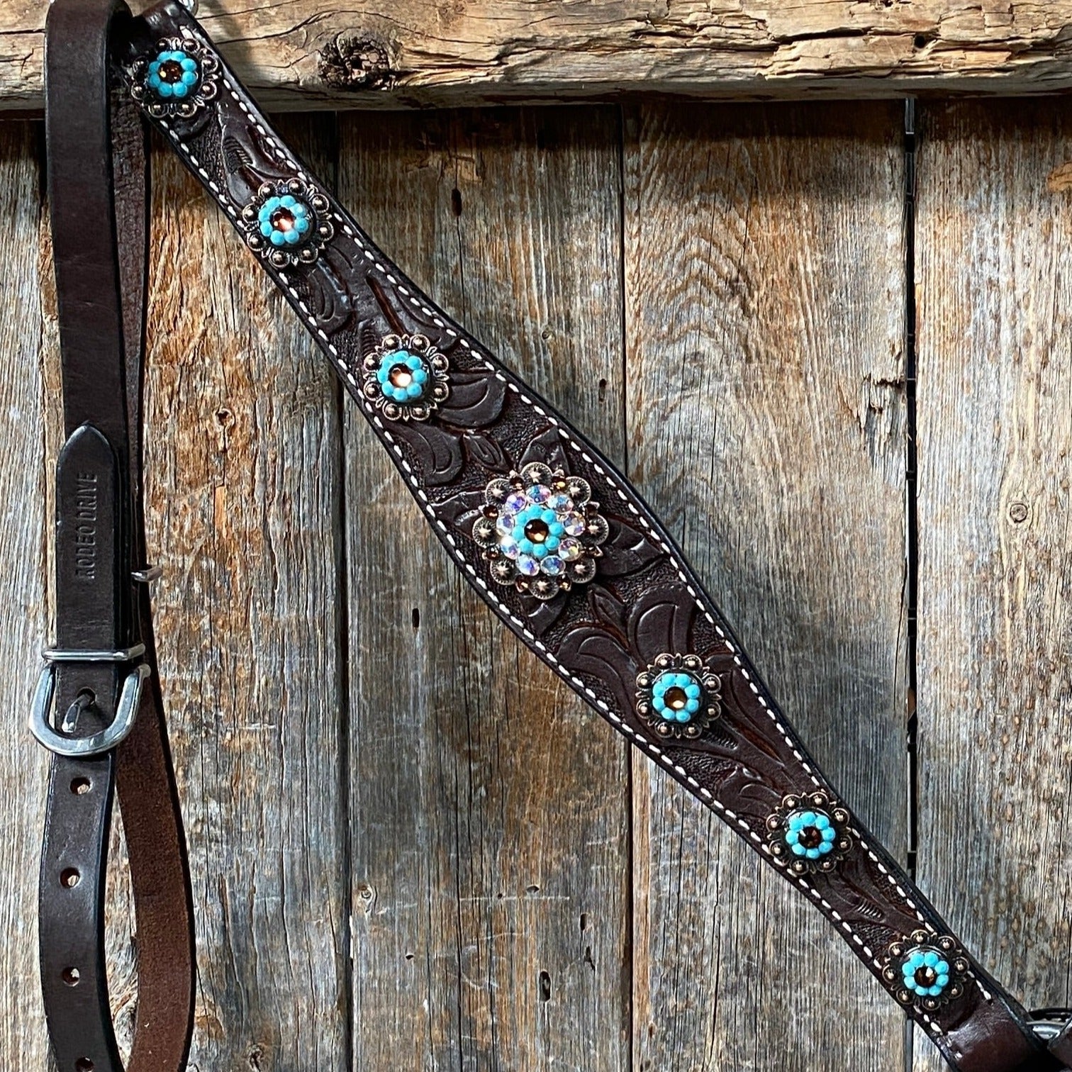 Dark Oil Floral Topaz &amp; Turquoise Browband / Breastcollar Tack Set  