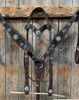 Dark Oil Floral Topaz & Turquoise Browband / Breastcollar Tack Set  