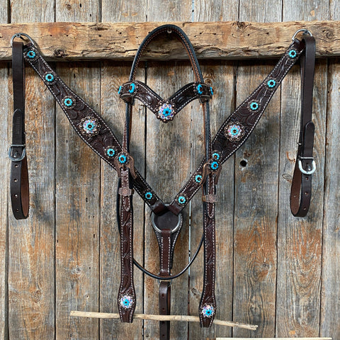 Dark Oil Floral Topaz & Turquoise Browband / Breastcollar Tack Set