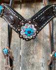 Dark Oil Floral Topaz & Turquoise Browband / Breastcollar Tack Set  