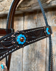 Dark Oil Floral Topaz & Turquoise Browband / Breastcollar Tack Set  