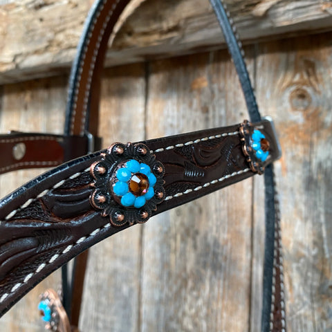 Dark Oil Floral Topaz & Turquoise Browband / Breastcollar Tack Set