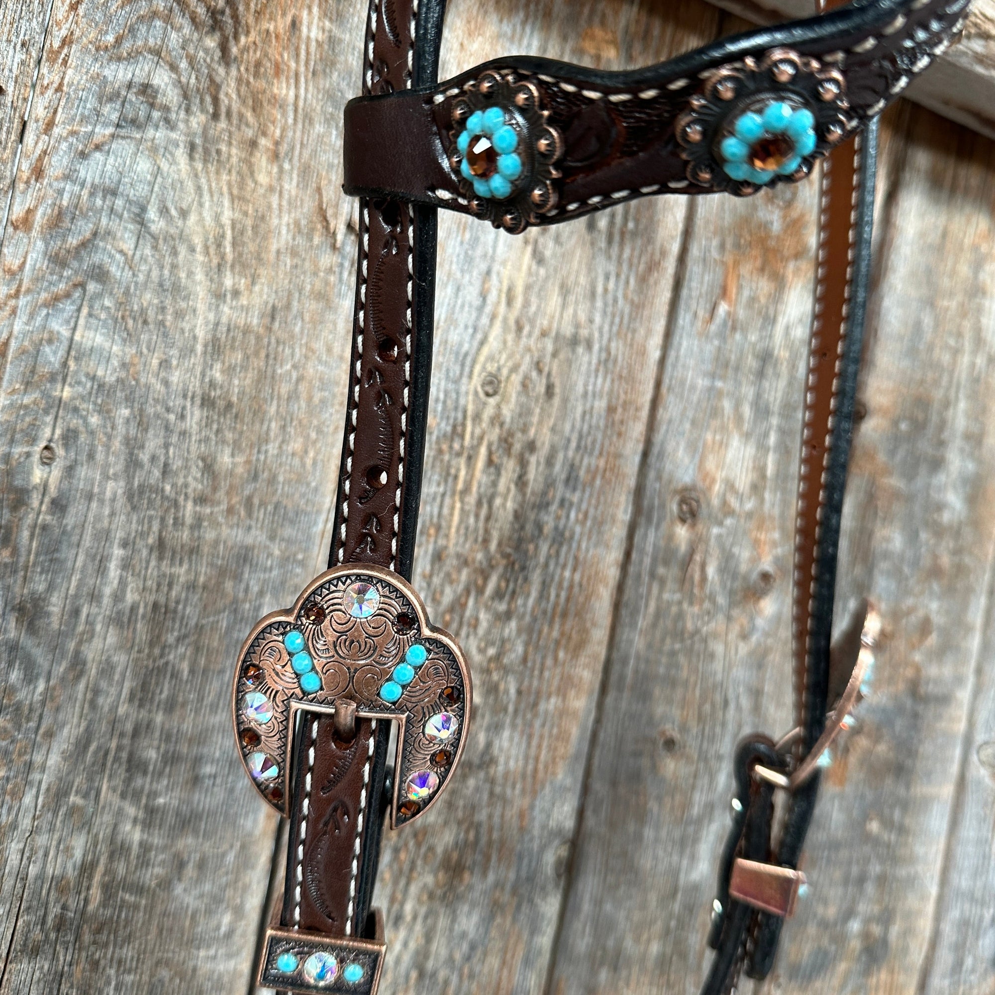 Dark Oil Floral Topaz and Turquoise One Ear/ Breastcollar Tack Set 