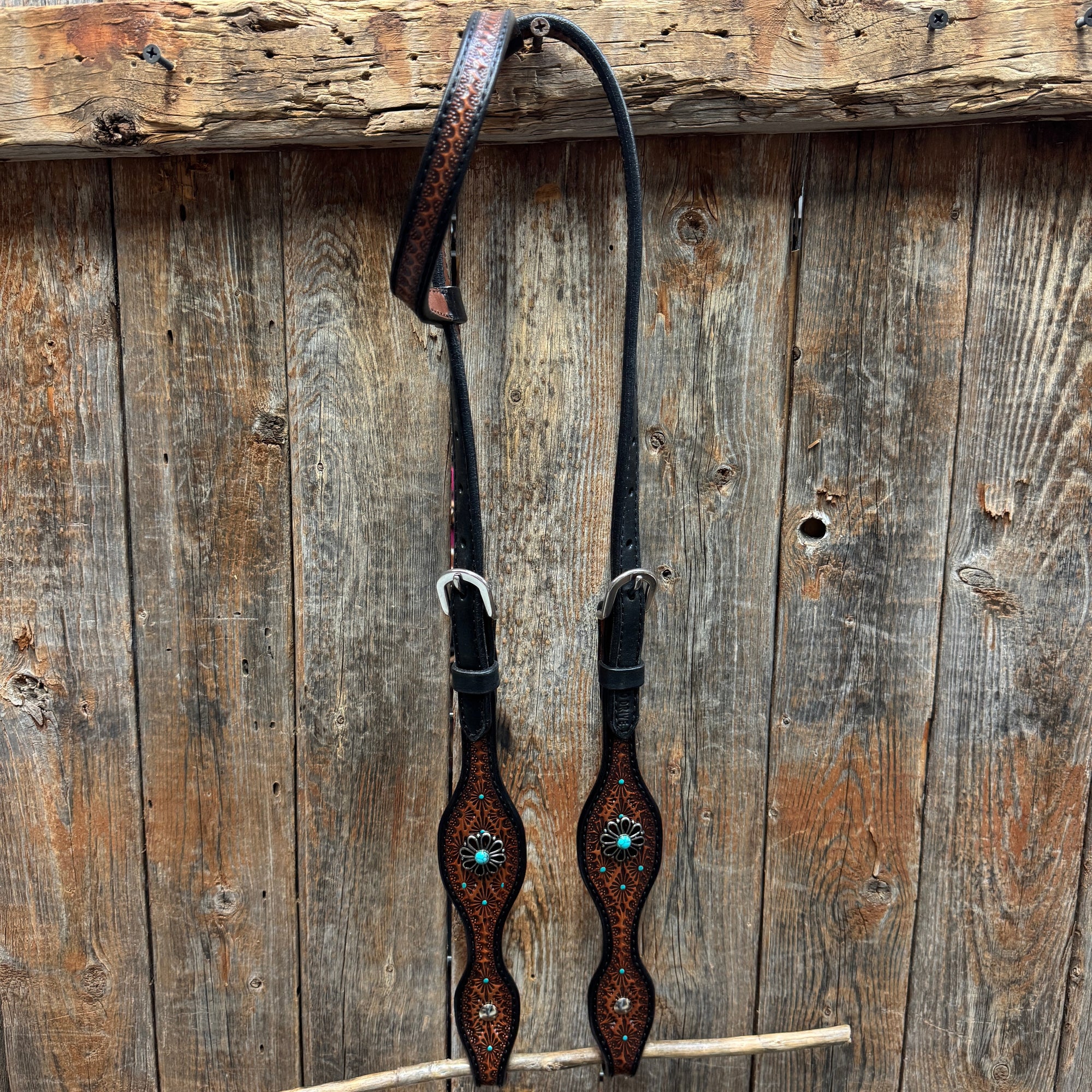 Teal Diamond and Turquoise Flower Browband / One Ear - Breastcollar Tack Set 