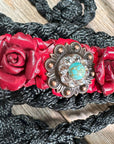 Black Mule Tape Halter - Red Rose and Turquoise 