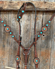 Medium Oil Floral Rosettes and Turquoise One Ear/ Breastcollar Tack Set 