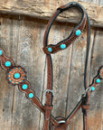 Medium Oil Floral Rosettes and Turquoise One Ear/ Breastcollar Tack Set 