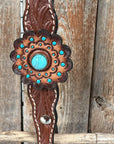 Medium Oil Floral Rosettes and Turquoise One Ear/ Breastcollar Tack Set 