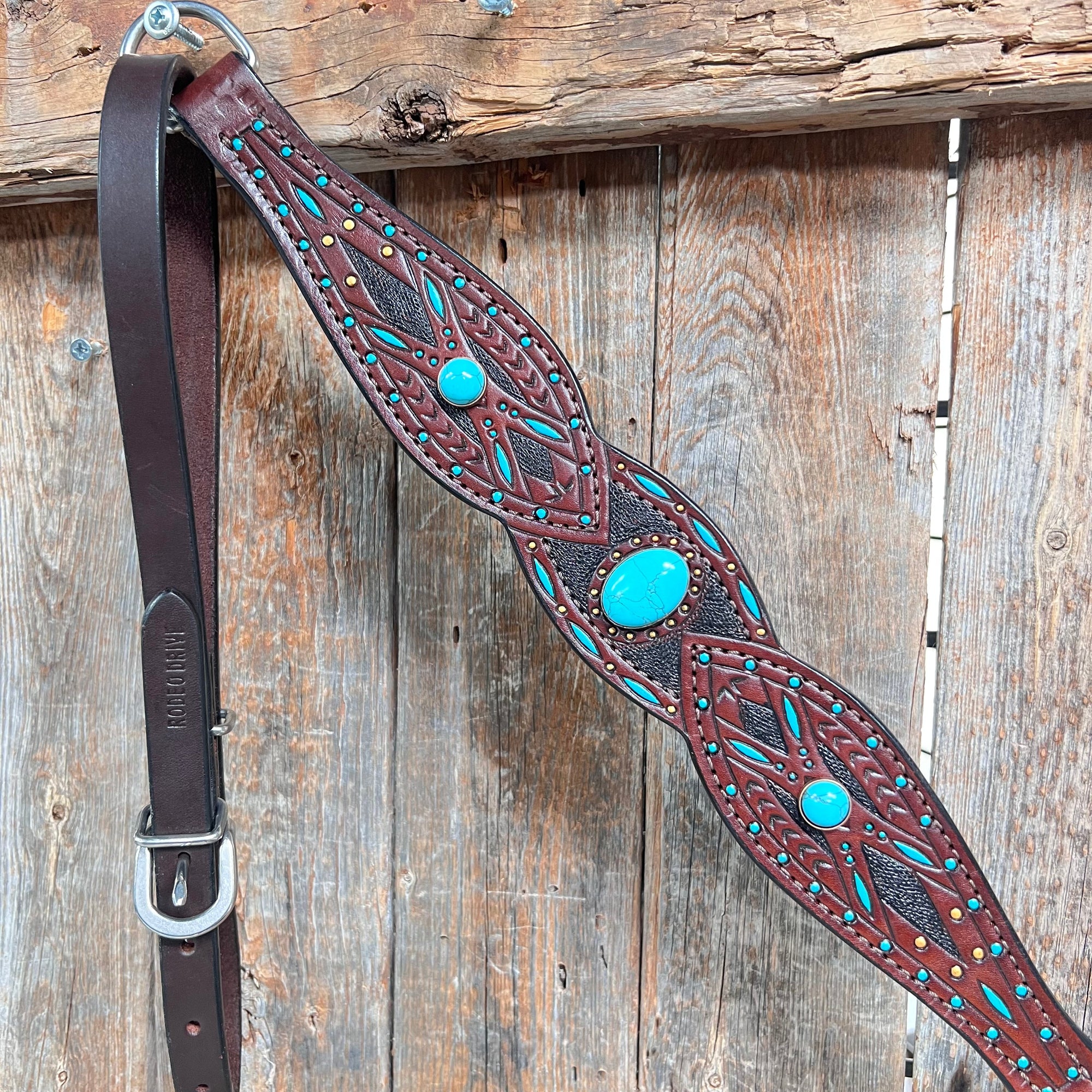 Dark Oil Hand Painted Turquoise Cabochons One Ear and Breastcollar Tack Set 