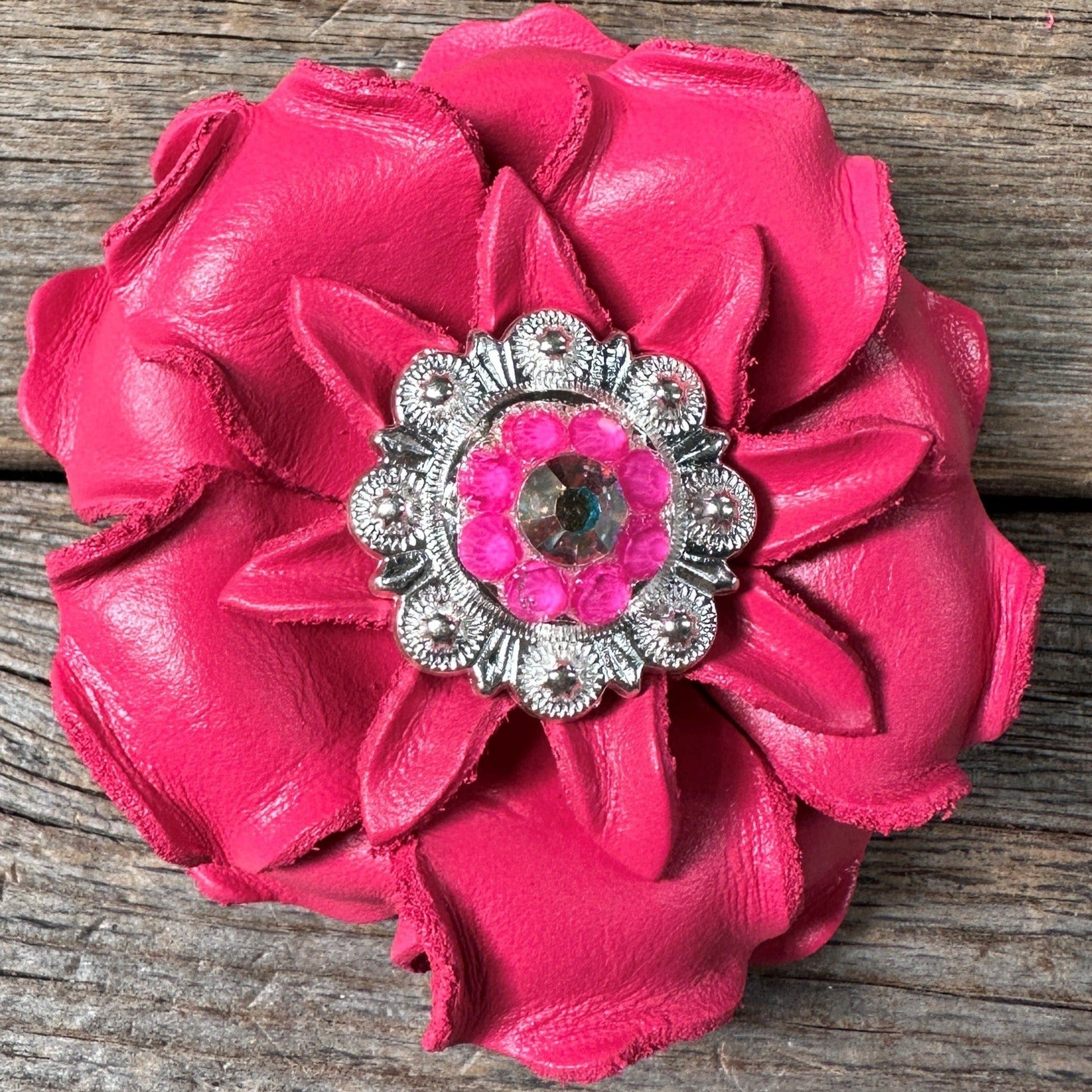 Neon Pink Gardenia Flower With Bright Silver Neon Pink &amp; AB 1&quot; Concho