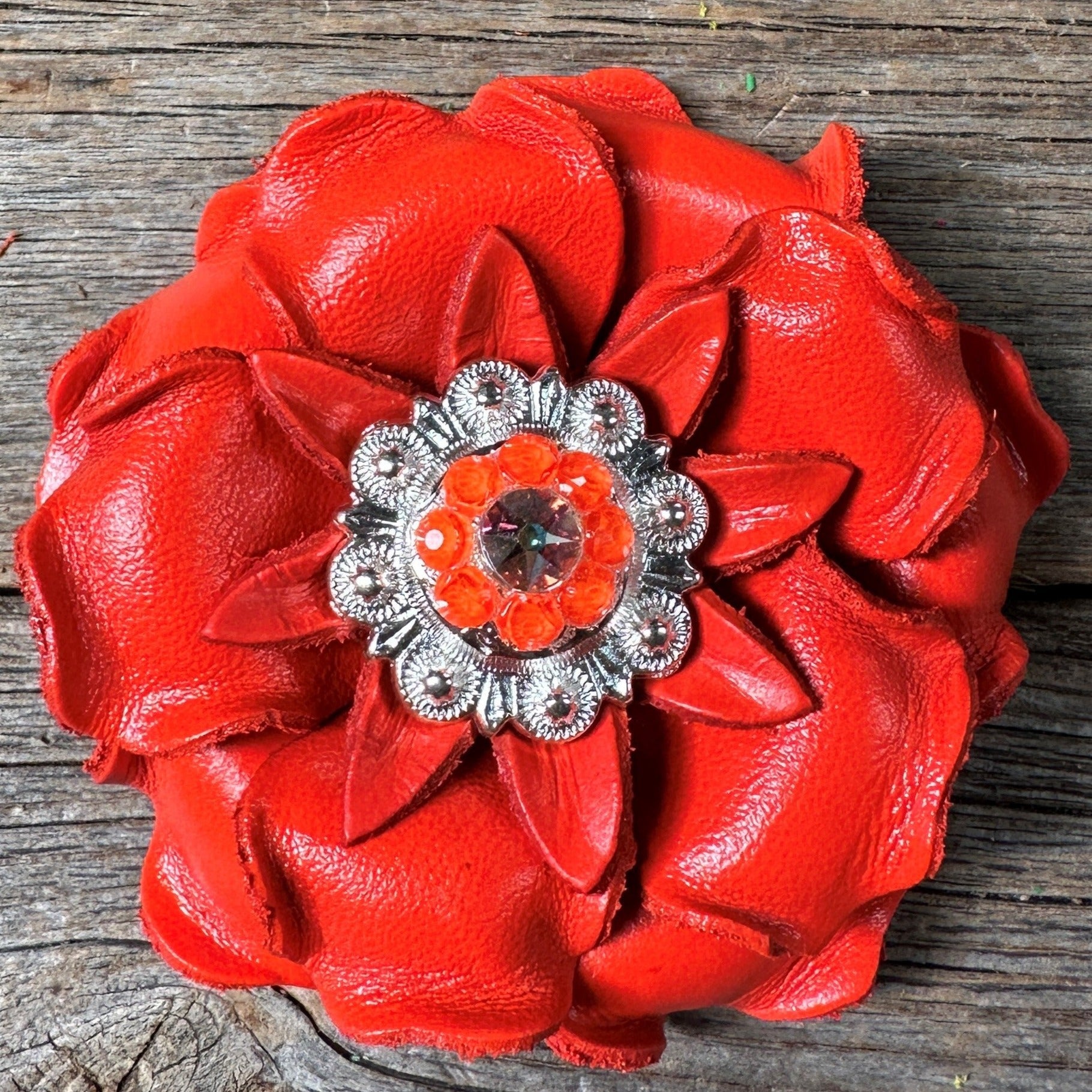 Neon Orange Gardenia Flower With Bright Silver Neon Orange &amp; AB 1&quot; Concho