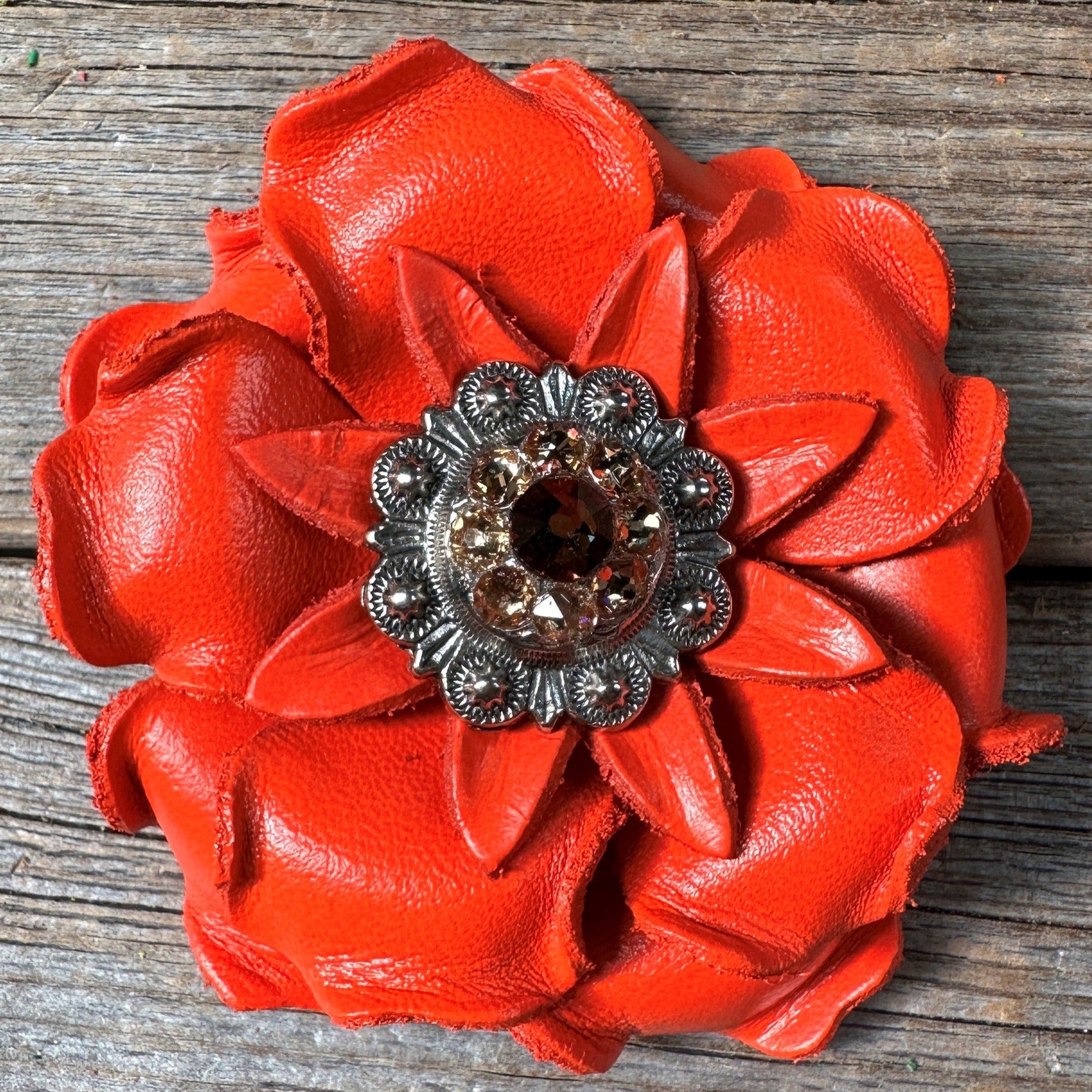 Neon Orange Gardenia Flower With Antique Silver Topaz &amp; Champagne 1&quot; Concho
