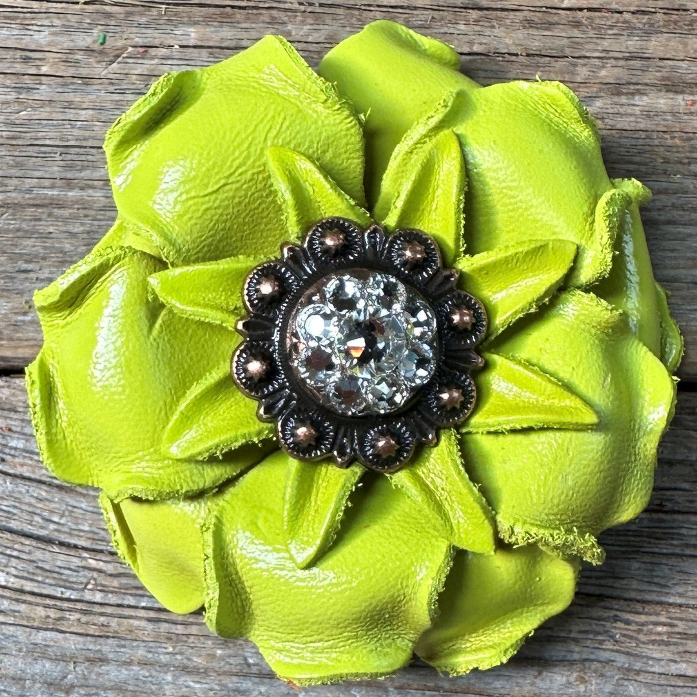 Neon Lime Gardenia Flower With Copper Clear 1&quot; Concho
