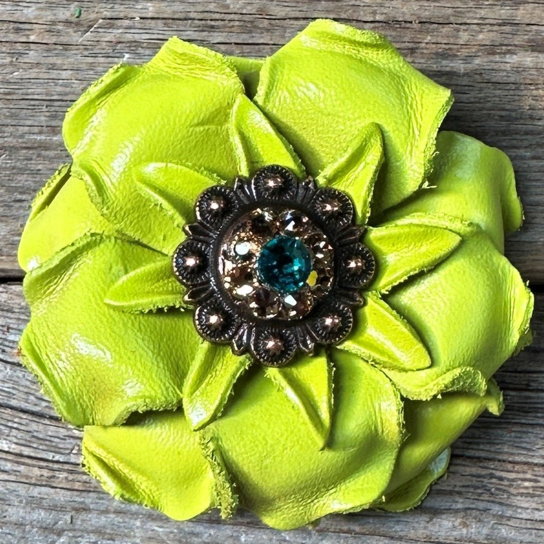 Neon Lime Gardenia Flower With Copper Teal &amp; Champagne 1&quot; Concho