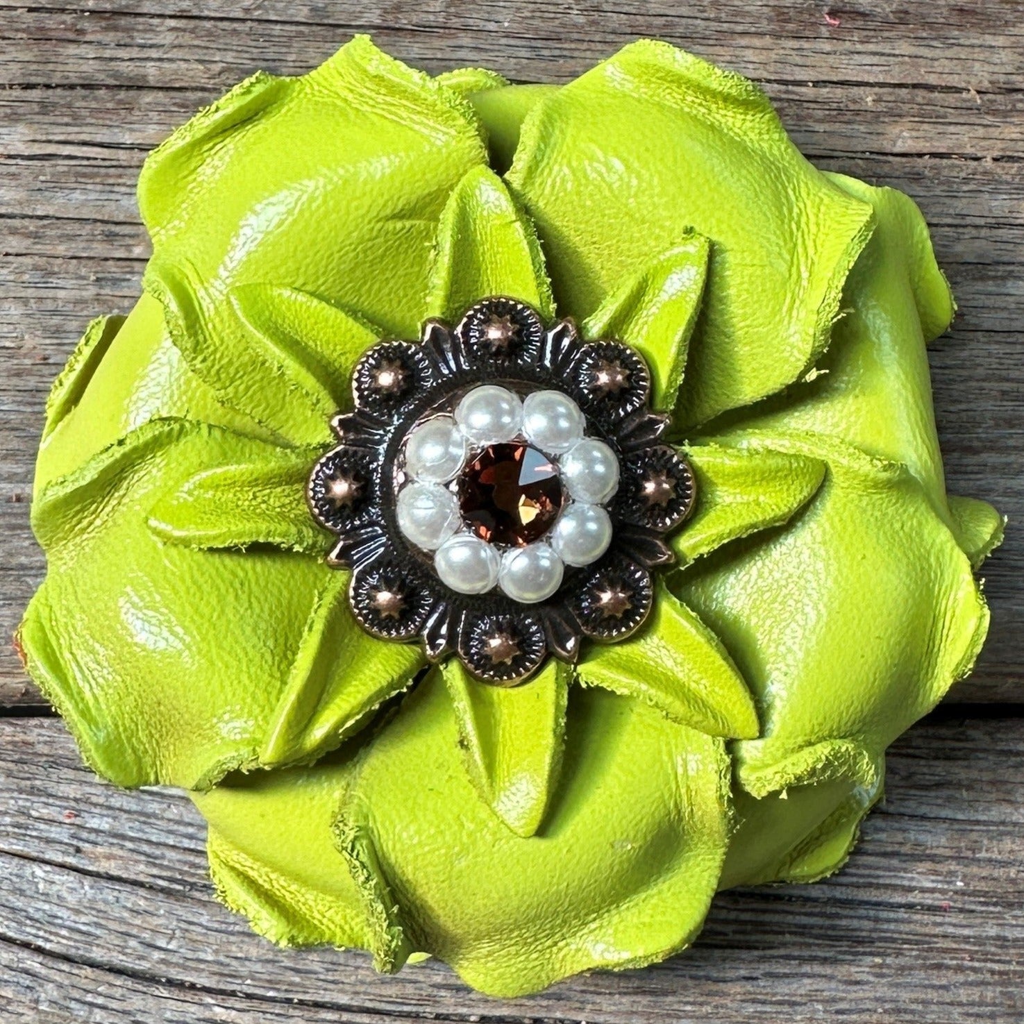 Neon Lime Gardenia Flower With Copper Topaz &amp; Pearl 1&quot; Concho