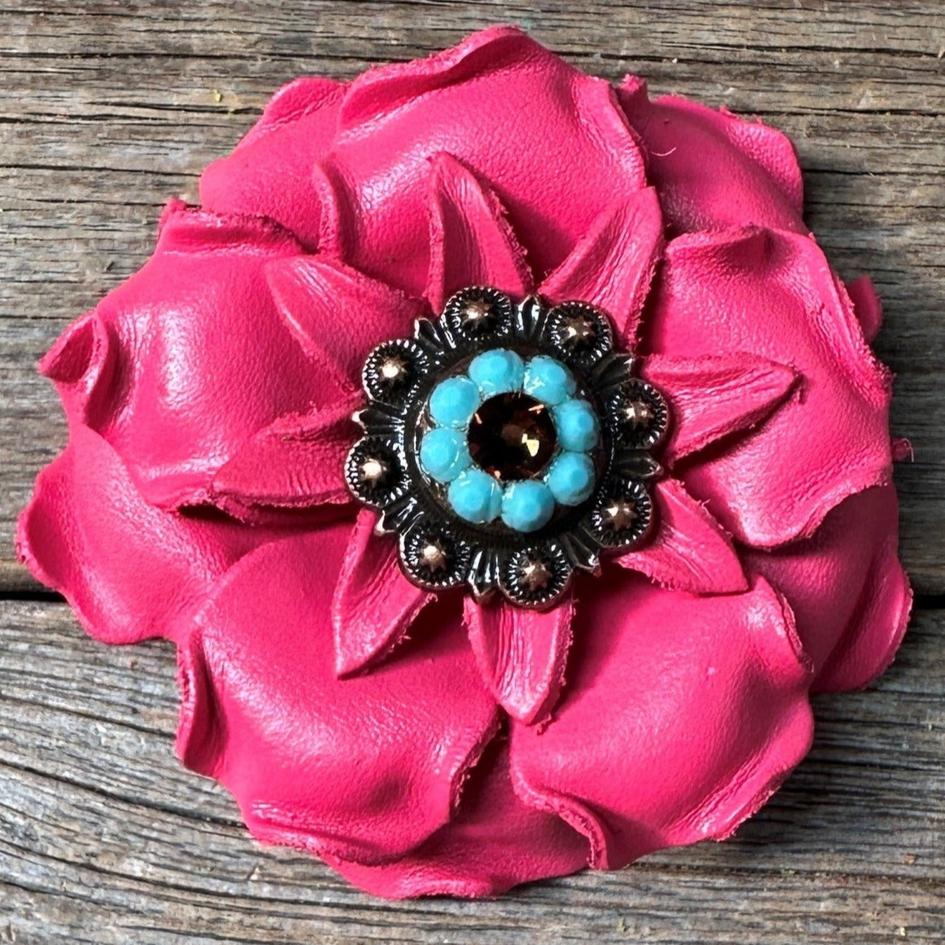 Neon Pink Gardenia Flower With Copper Topaz &amp; Turquoise 1&quot; Concho