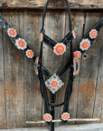 Black Floral Neon Orange Browband / Breastcollar Tack Set  