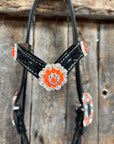 Black Floral Neon Orange Browband / Breastcollar Tack Set  