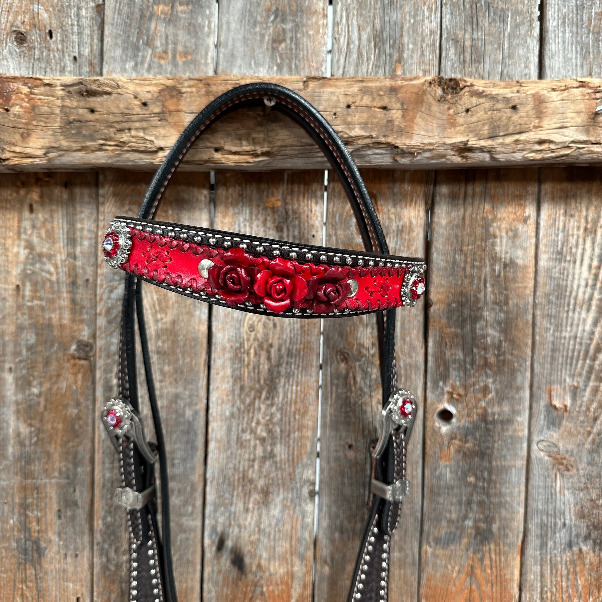 Dark Oil Silver Dot Red Roses Browband/Breastcollar Tack Set 