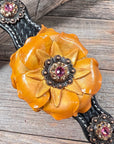 DC20 - Black Leather Dog Collar With Yellow Flower & Copper Conchos 10"- 22"