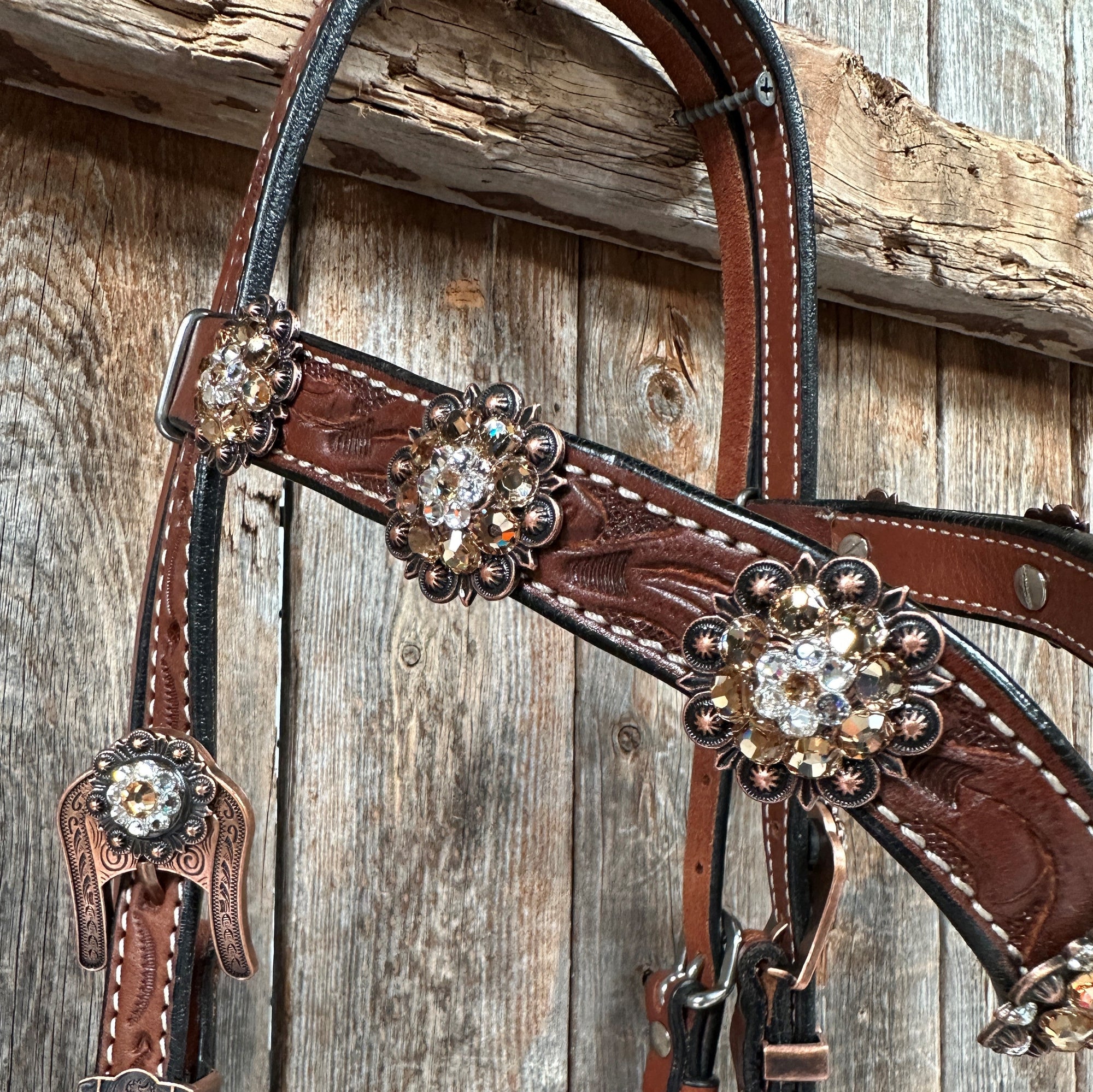 Medium Floral Champagne &amp; Clear Browband / Breastcollar Tack Set  