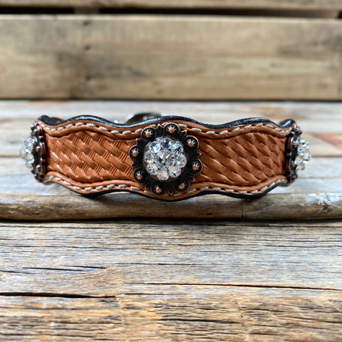 Leather Dog Collar With Copper Clear Conchos 10" to 22" -DC8