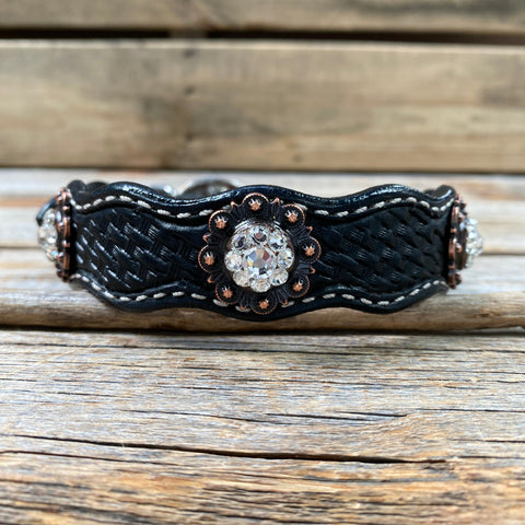 Leather Dog Collar With Copper Clear Conchos 10" to 22" -DC8