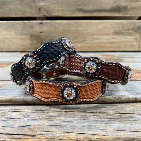 Leather Dog Collar With Copper Champagne and Clear Conchos 10" to 22"